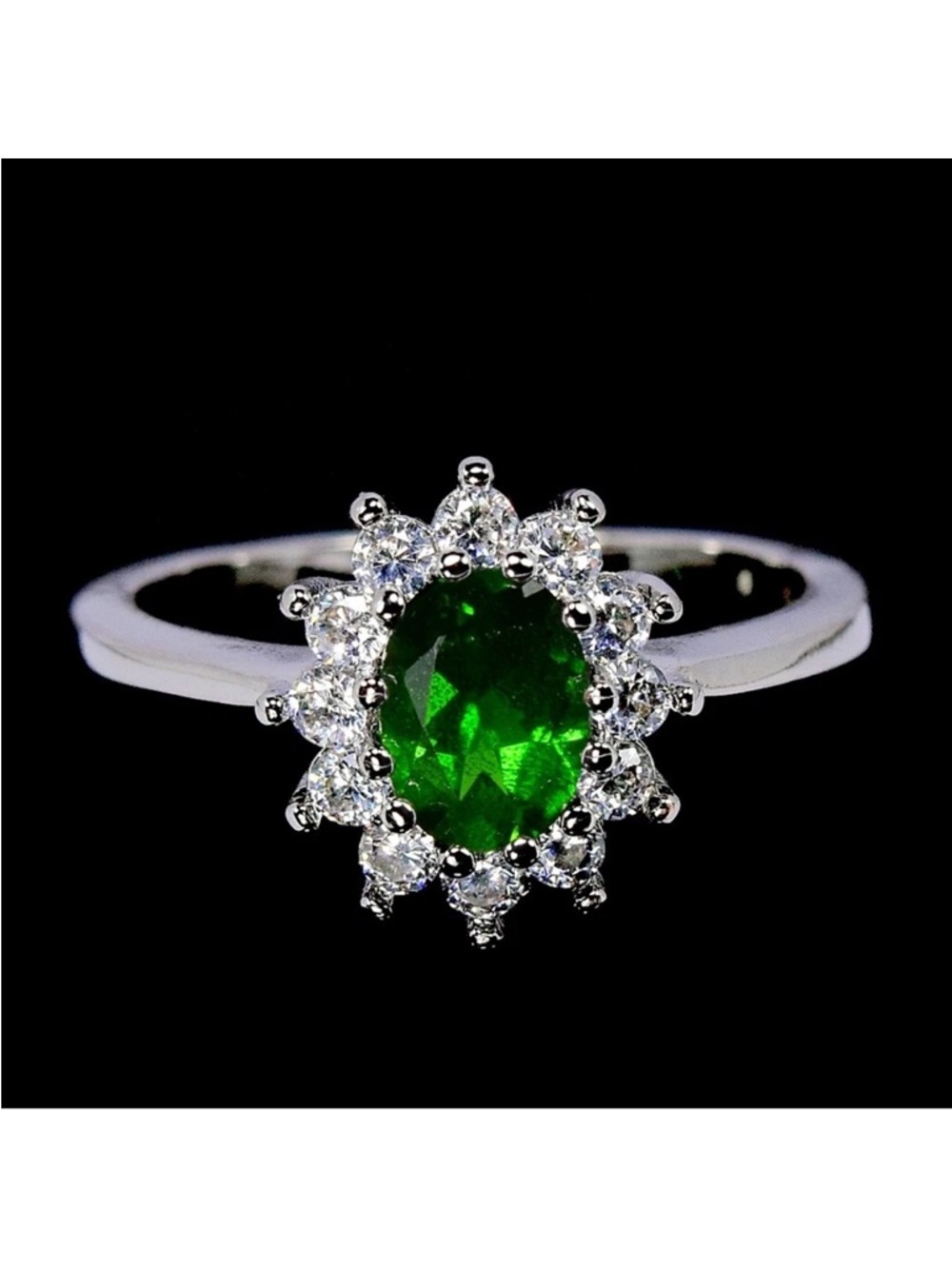 Stunning Natural Chrome Diopside with Zircon Halo 925 Sterling Silver Ring 6.75